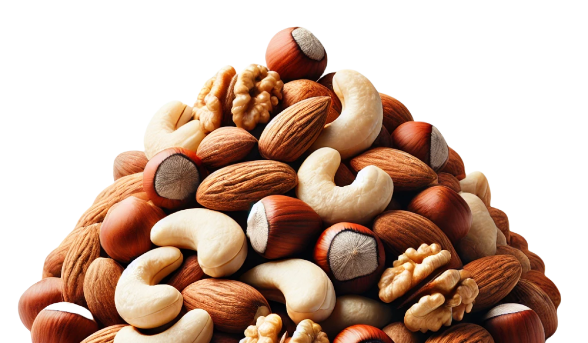 DALL·E 2024-08-15 12.42.57 - A close-up image of a pile of mixed nuts, including almonds, cashews, walnuts, and hazelnuts, stacked together on a clean white background. The nuts a_副本